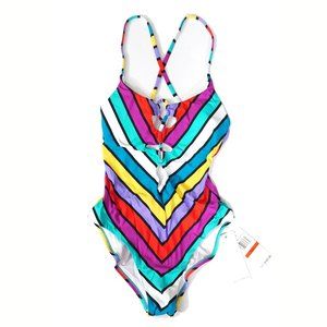 New Red Carter One-Piece Swimsuit Multi Stripe Lace-Up